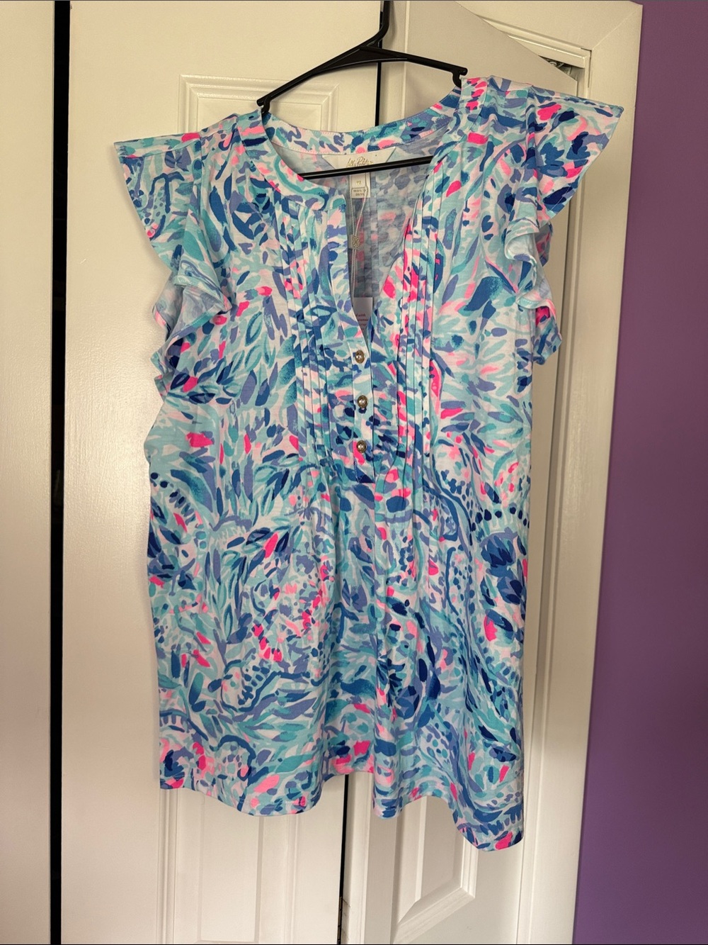 Lilly Pulitzer Aqua Floral Ruffle Sleeve Button Henley Top